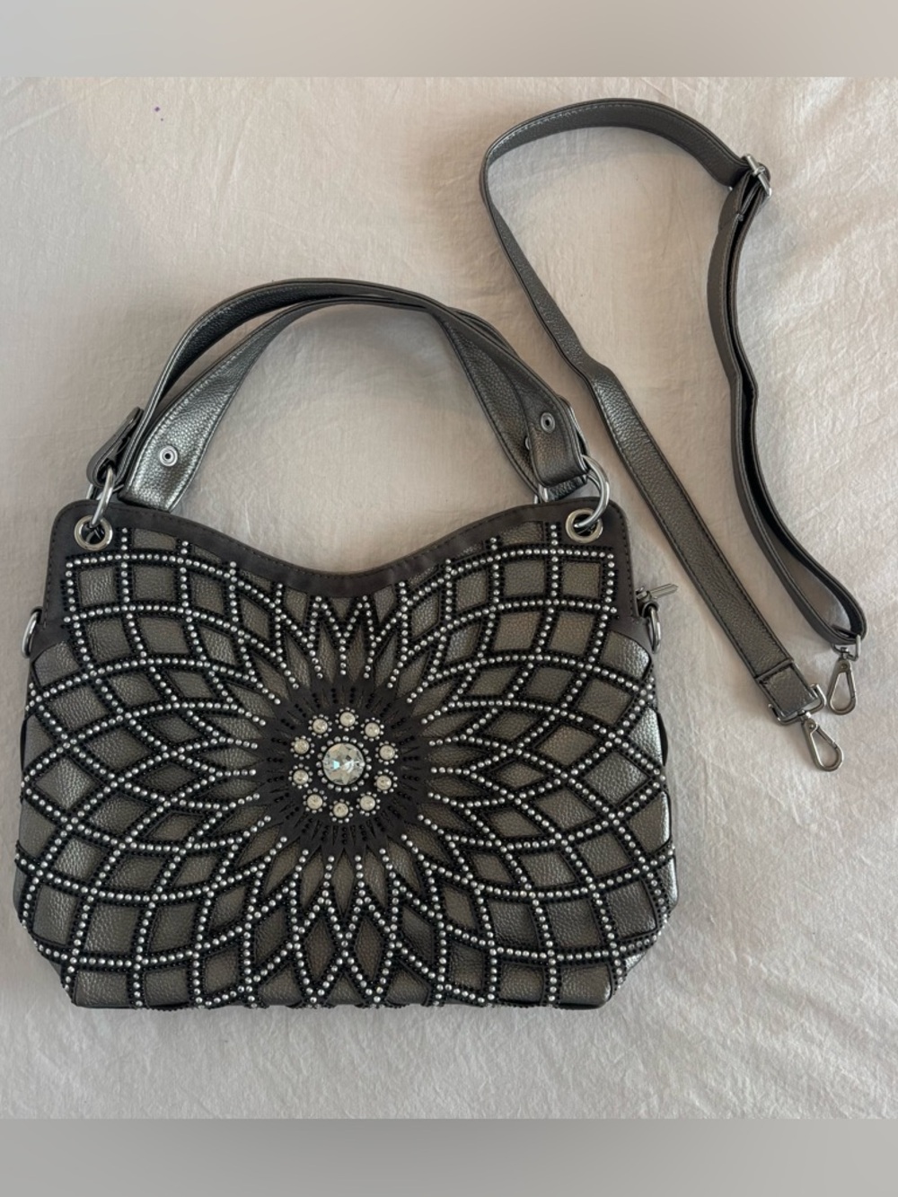 Studded Mandala Crossbody Bag Grey Boho Western Festival Rhinestone Statement - Picture 5 of 9